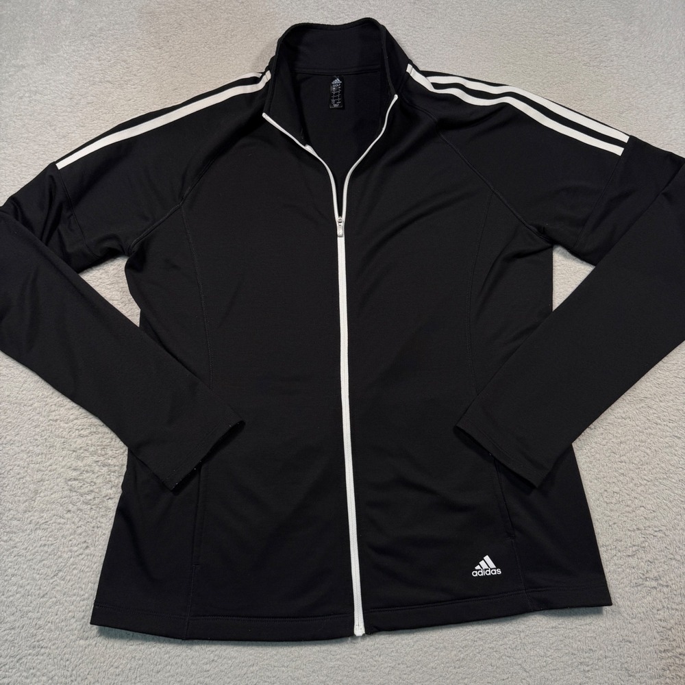 Adidas Golf French Terry Full Zip Jacket Womens L Black 3-Stripe Mock Neck
